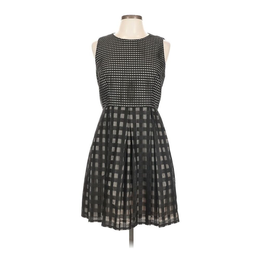 Trina Turk Women's Size 12 Fit & Flare Dress Black & Nude, Windowpane Lacea